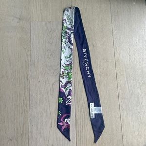 Givenchy 100% Silk Twilly Scarf, Floral Graphic Logo Print, Purple/White